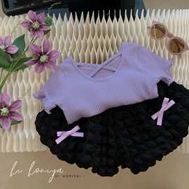 跨境外贸女童夏装套装中小童韩版时髦短袖小女孩花苞裤夏季两件套