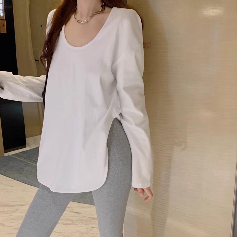2024 년 초가을 중장 화이트 U 칼라 느슨한 긴팔 티셔츠 여성용 스플릿 퓨어 코튼베이스 셔츠 탑 화이트 티셔츠