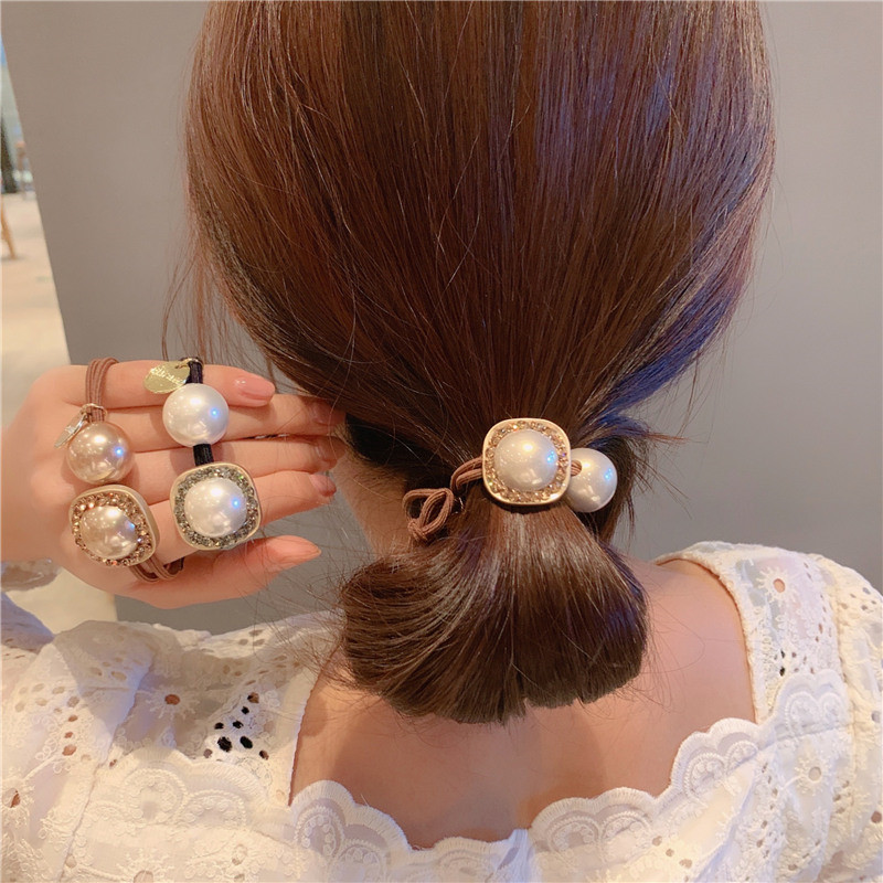 韩国东大门珍珠新款简约ins水钻发绳网红同款个性丸子头头绳发饰