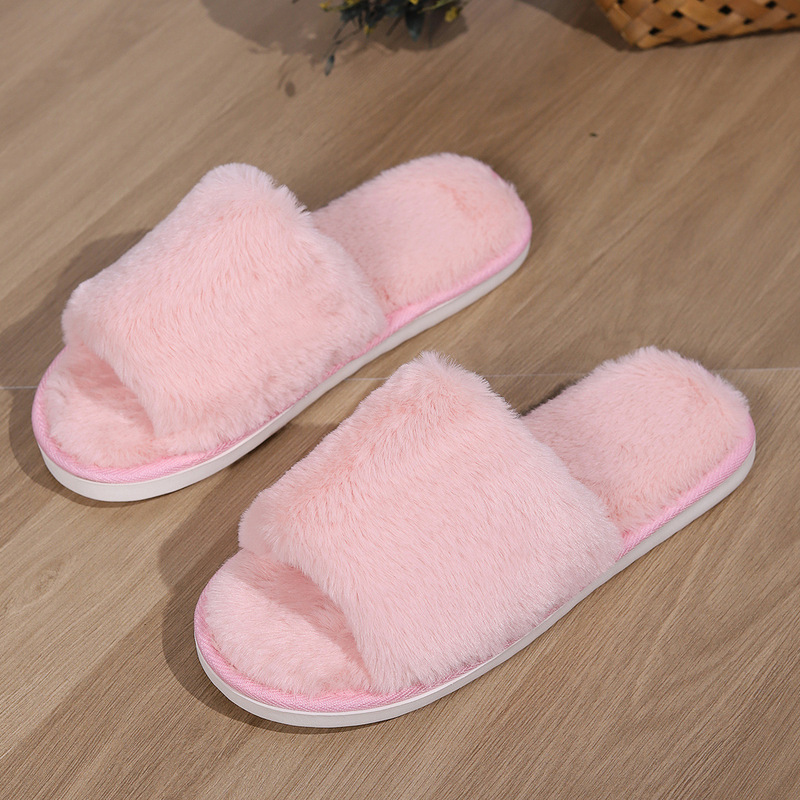 Cross-Border In-Stock Autumn and Winter Open-Toe Cotton Couple Style Men's and Women's Home Shoes Pure Rabbit Fur Floor Slippers Open-Toe Slippers Soft