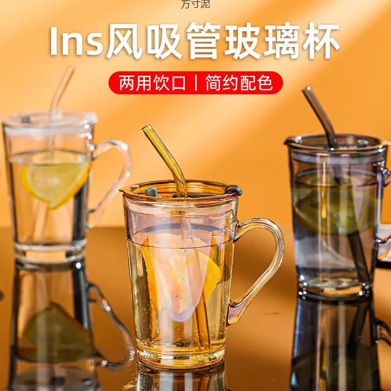 玻璃杯带把手风高颜值女带吸管喝水杯子男家用带盖早餐牛奶杯批发