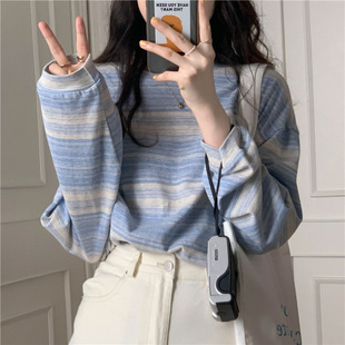 Southeast Asia 2024 New Arrival College Style Autumn Striped Long Sleeve T-Shirt Korean Round Neck Loose Top Base Shirt for Women