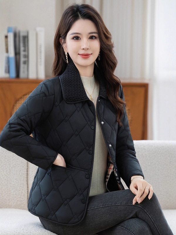 纯色翻领中年棉衣羽绒棉服外套女秋冬新款妈妈女士轻薄小棉袄短款|undefined