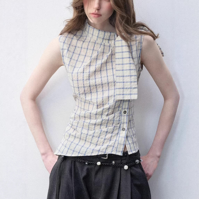 Plaid High-Neck Tie-Waist Top for Women, New Style Slimming and Elegant Versatile Shirt Plaid High-Neck Tie-Waist Top for Women, New Style Slimming and Elegant Versatile Shirt