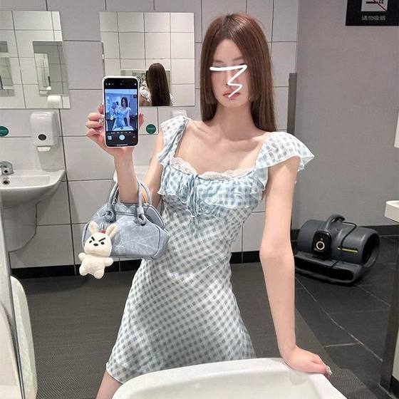 Small Blue Plaid Strap Dress Women's Summer 2025 New Waist High-end A- line Skirt