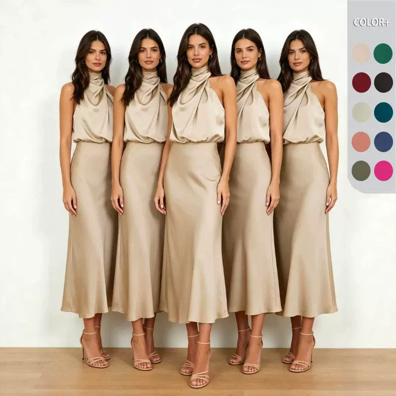 2026春夏热卖醋酸缎面连衣裙欧美敬酒伴娘服优雅名媛无袖晚礼服女