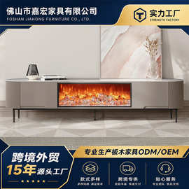 中世纪风意式轻奢岩板电视柜壁炉带灯金属腿储物柜客厅家用小户型