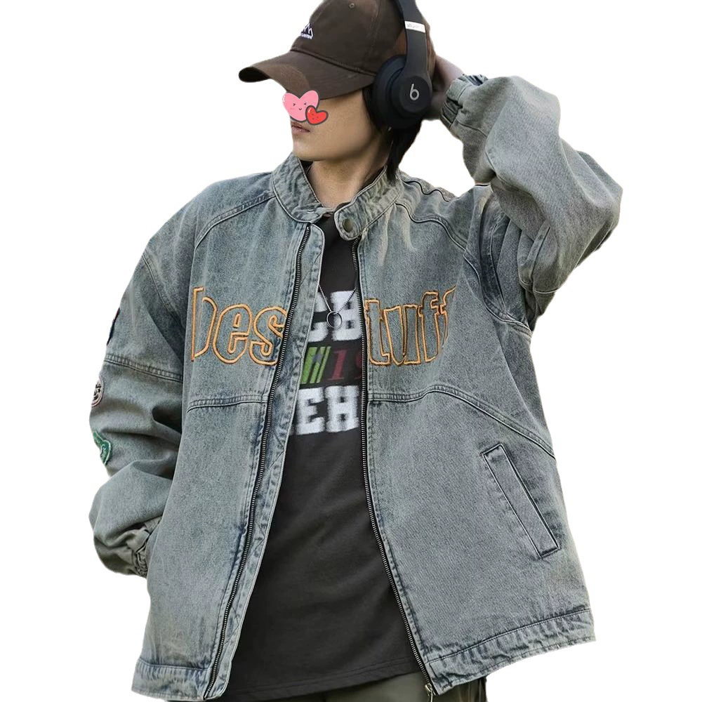 Denim retro jacket, universal trend patch, American style, with embroidery, oversize