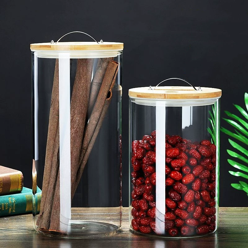 Прозрачная утолщенная влагостойкая банка для хранения большой емкости с крышкой из бамбукового дерева, герметичная банка для домашнего хранения из боросиликатного стекла