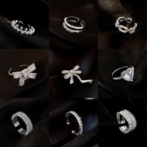 ins cold style silver ring female simple zircon open ring internet celebrity light luxury retro high-end ring
