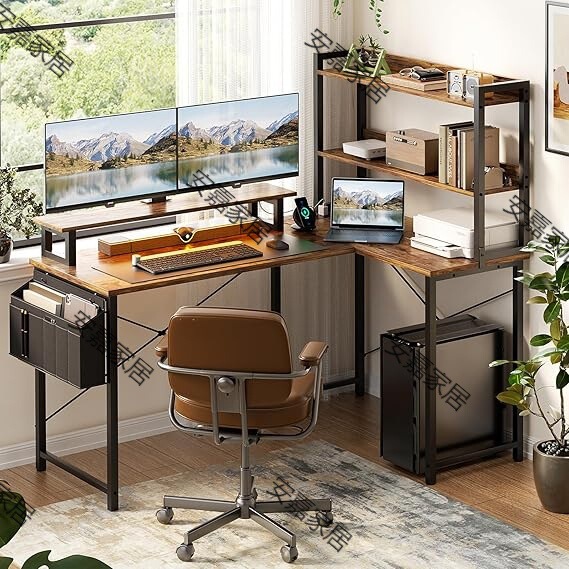 Computer desk with bookshelf, with charging station and LED light, storage rack with monitor stand