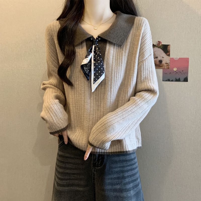 Plus-Size Women's Autumn and Winter New Style Turn-Down Collar Loose Long-Sleeve Knit Sweater for Women, Stylish Casual Top That Hides the Belly