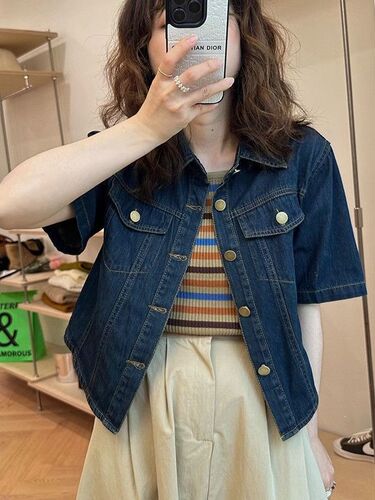 Women's Short Sleeve Denim Jacket Blouse Thin Version Summer Design Sense Minority Retro Hong Kong Style Collar Short Top Women's Trendy