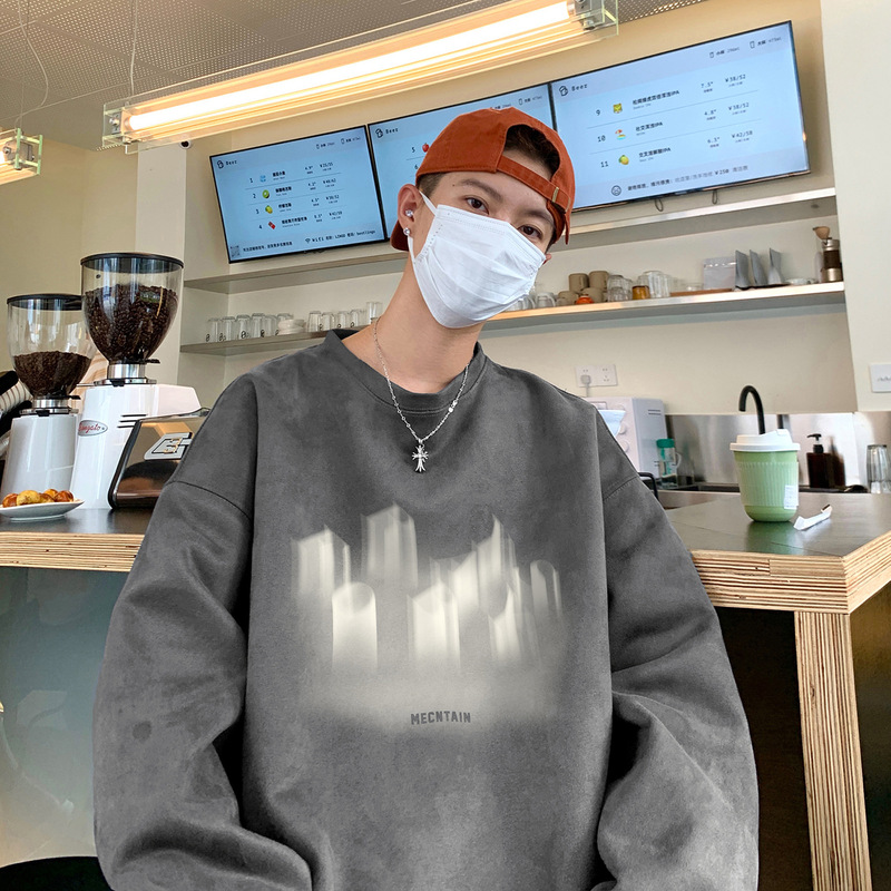 2024 New deerskin velvet fuzzy printed spring and autumn round neck pullover sweater men's fashion brand loose thick long sleeve coat