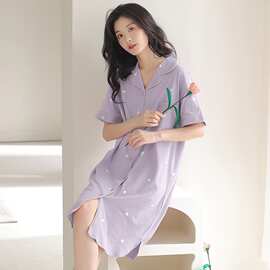 纯棉开衫翻领女生短袖睡裙可爱卡通可外穿全棉女裙中长款口袋睡裙