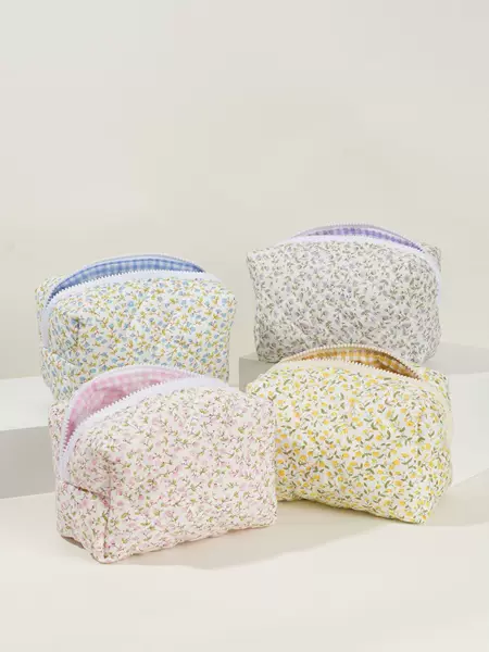 Floral Quilted Cosmetic Bag Large Capacity Cotton Storage Toiletry Bag Pencil Case Plaid Embroidered Cross-Border Ins for Women
