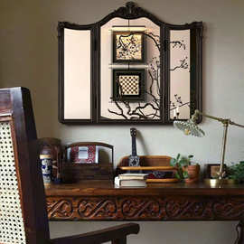 法式复古梳妆台镜子美式桌面三折镜欧式卧室三面折叠化妆镜可