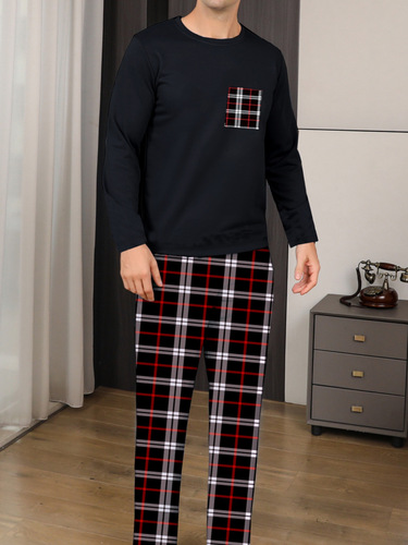 Men's Long Sleeve Pajama Set Plaid Pattern Fitted Style