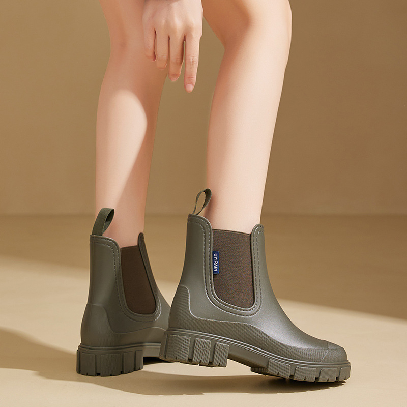 Grenzüberschreitende modische Regenstiefel für Damen, dicke Sohle, elastischer Riemen, wasserfeste, rutschfeste Gummischuhe für Küche und Haushalt_voghion.com