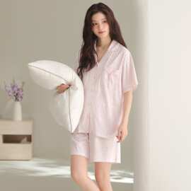 夏季新款莫棉女士短袖短裤开衫翻领睡衣甜美休闲女家居服图片色