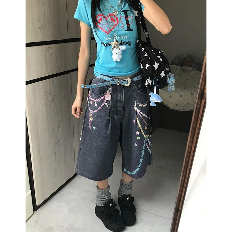 American Retro Street Heavy-Duty Colorful Printed Jeans for Women, Summer Straight Shorts, Loose Wide-Leg Cropped Pants