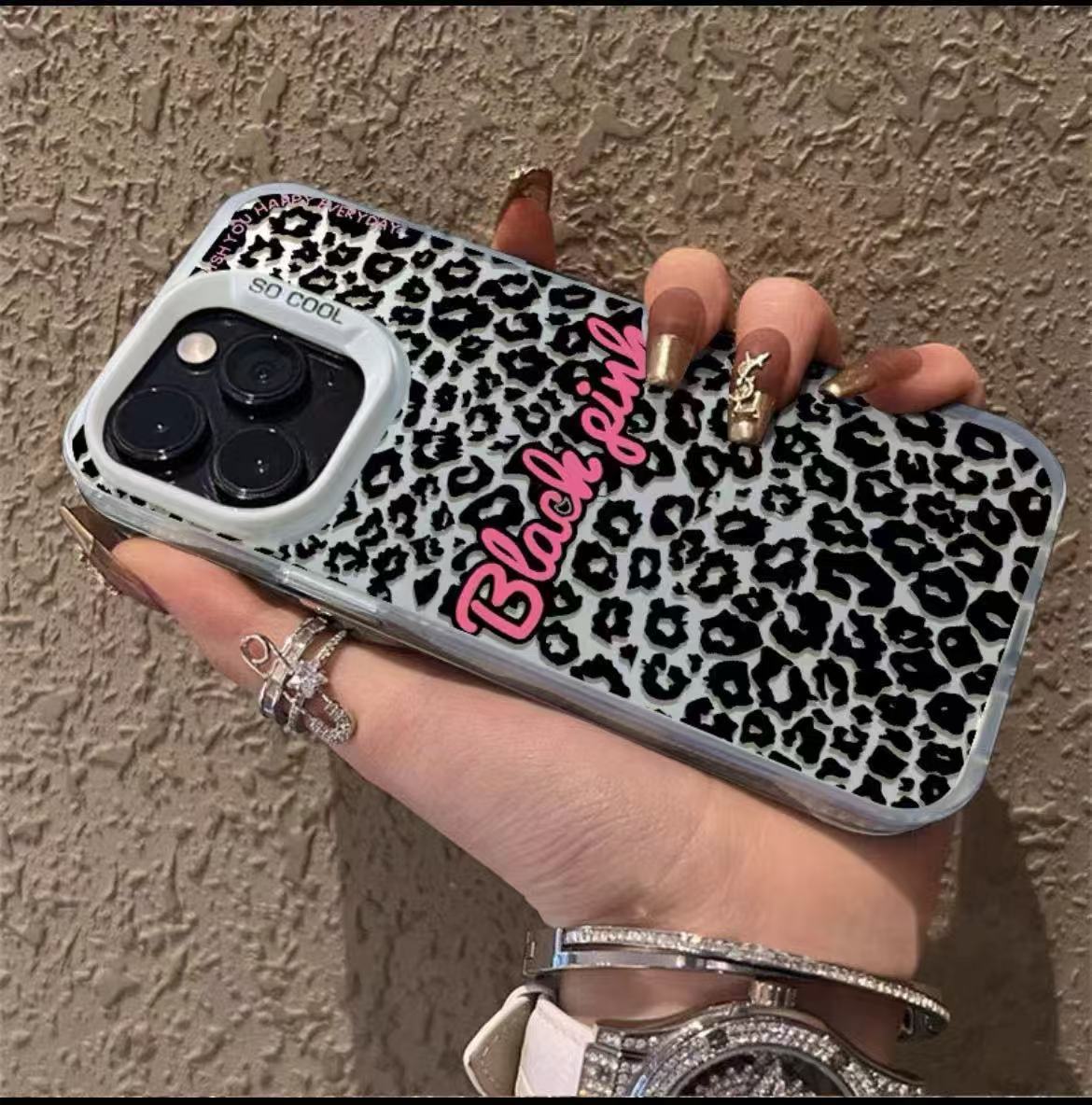 Color plateado cáscara-blanco-pantalla completa estampado de leopardo