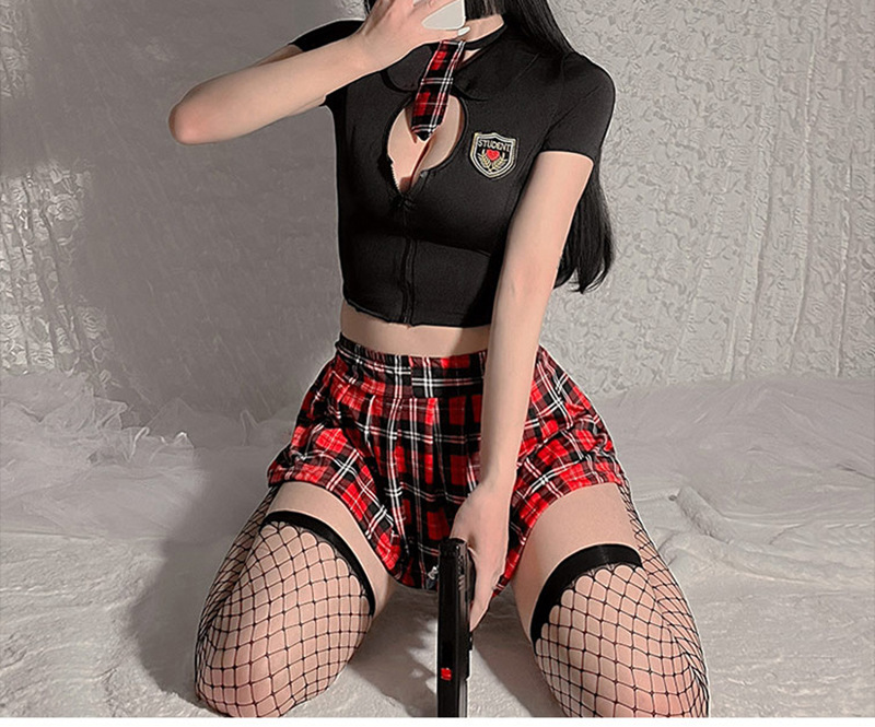 British College Style Student Uniform Costume Set with Plaid Skirt, Tie and Stockings — detail image 7