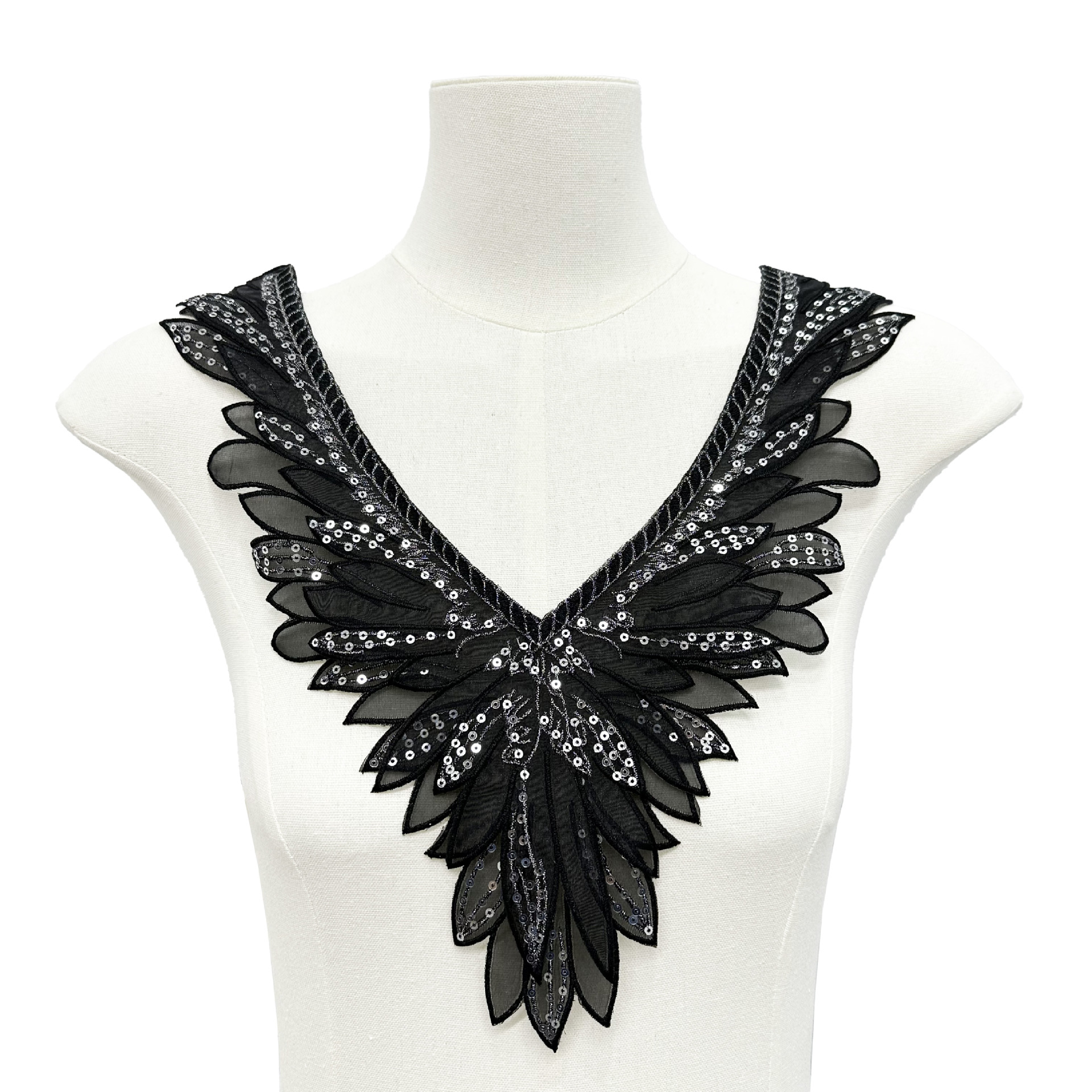 Blanco plateado con cuello en V, lentejuelas, bordado de hojas, pegatinas de tela, vestido, suéter, decoración del escote, accesorios de bricolaje hechos a mano