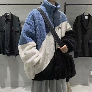 2024 new lamb velvet coat men's sweater autumn and winter fleece-lined loose handsome Hong Kong style hooded cardigan cotton-padded jacket men