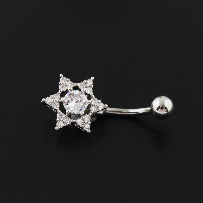 Zircon Flower Navel Ring In Titanium Steel With Diamond Detailing_voghion.com