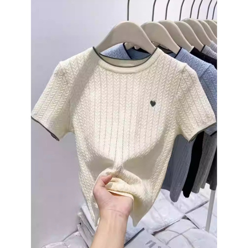 Shoulder knitted short-sleeved shirt for women 2026 summer new style contrasting color round neck embroidery short underlining shirt top