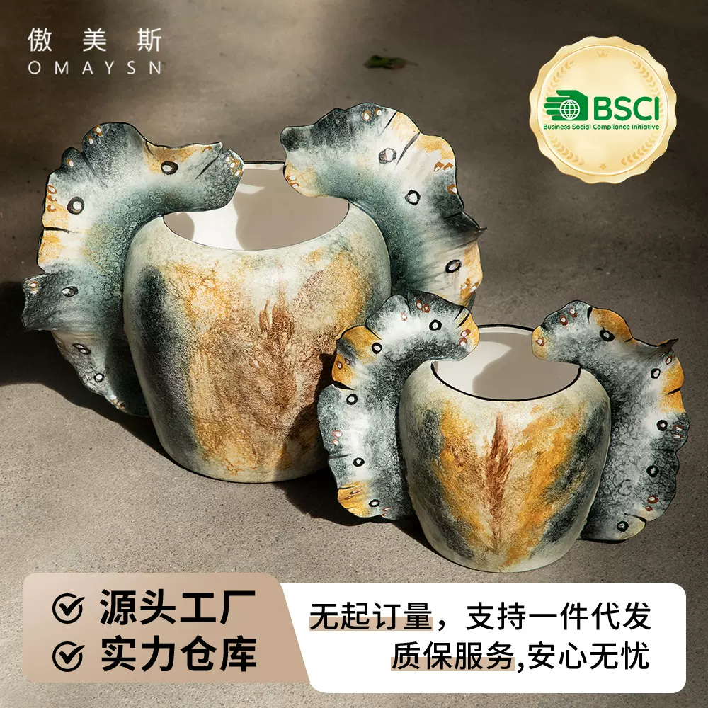 手绘陶瓷花瓶傲美斯Omaysn跨境蝴蝶花瓶客厅摆件高级感艺术品