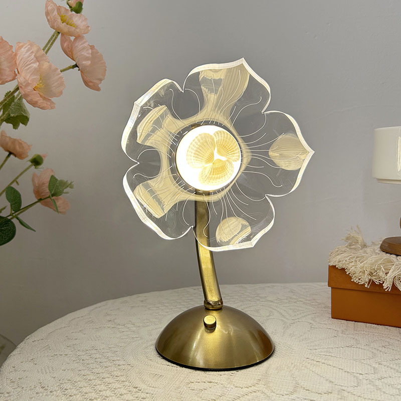 Nuevo estilo transfronterizo luz de lujo táctil recargable lámpara de mesa dormitorio lámpara de noche sensación romántica de alta calidad flor acrílica luz ambiental