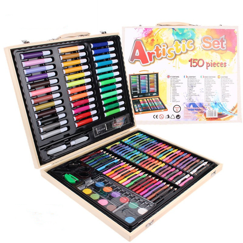 Creativo nuevo traje de combinación de pluma de color para niños 150 piezas caja de madera traje de pintura vacaciones estudiante papelería regalo