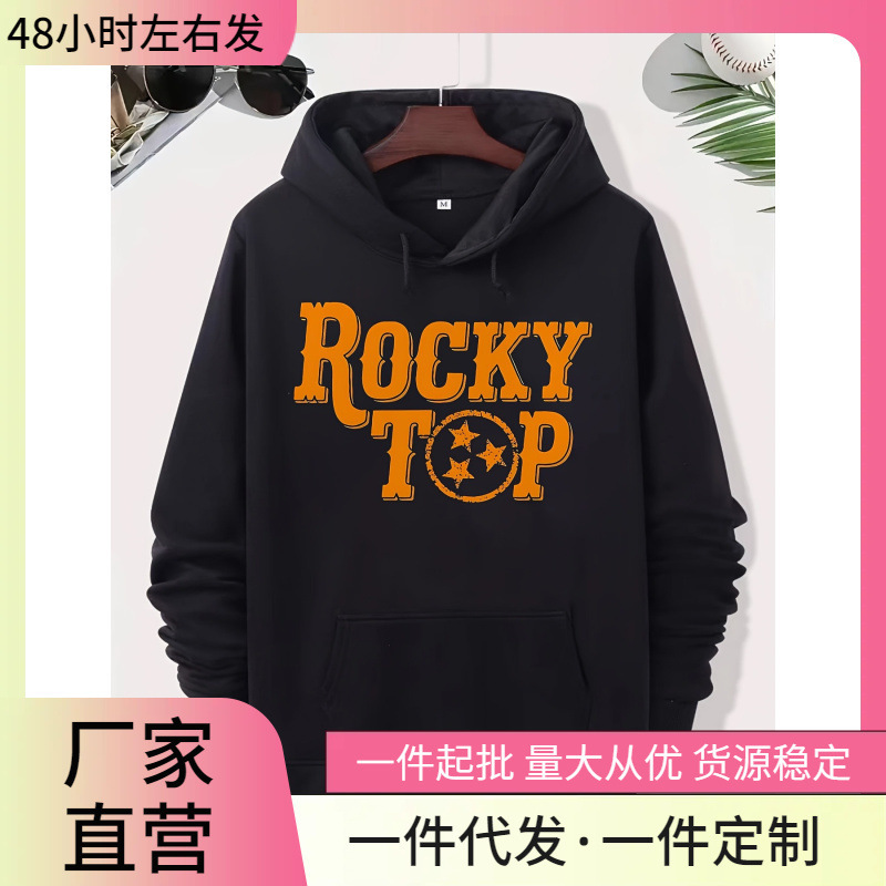 Men's Retro Orange Tennessee Graphic Hoodie - Black Streetwear Rock Design, Plaid Sweatshirt