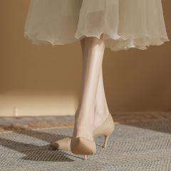 Nude high heels women's stiletto heels 2023 spring and summer French soft leather comfortable pointed toe versatile professional work shoes