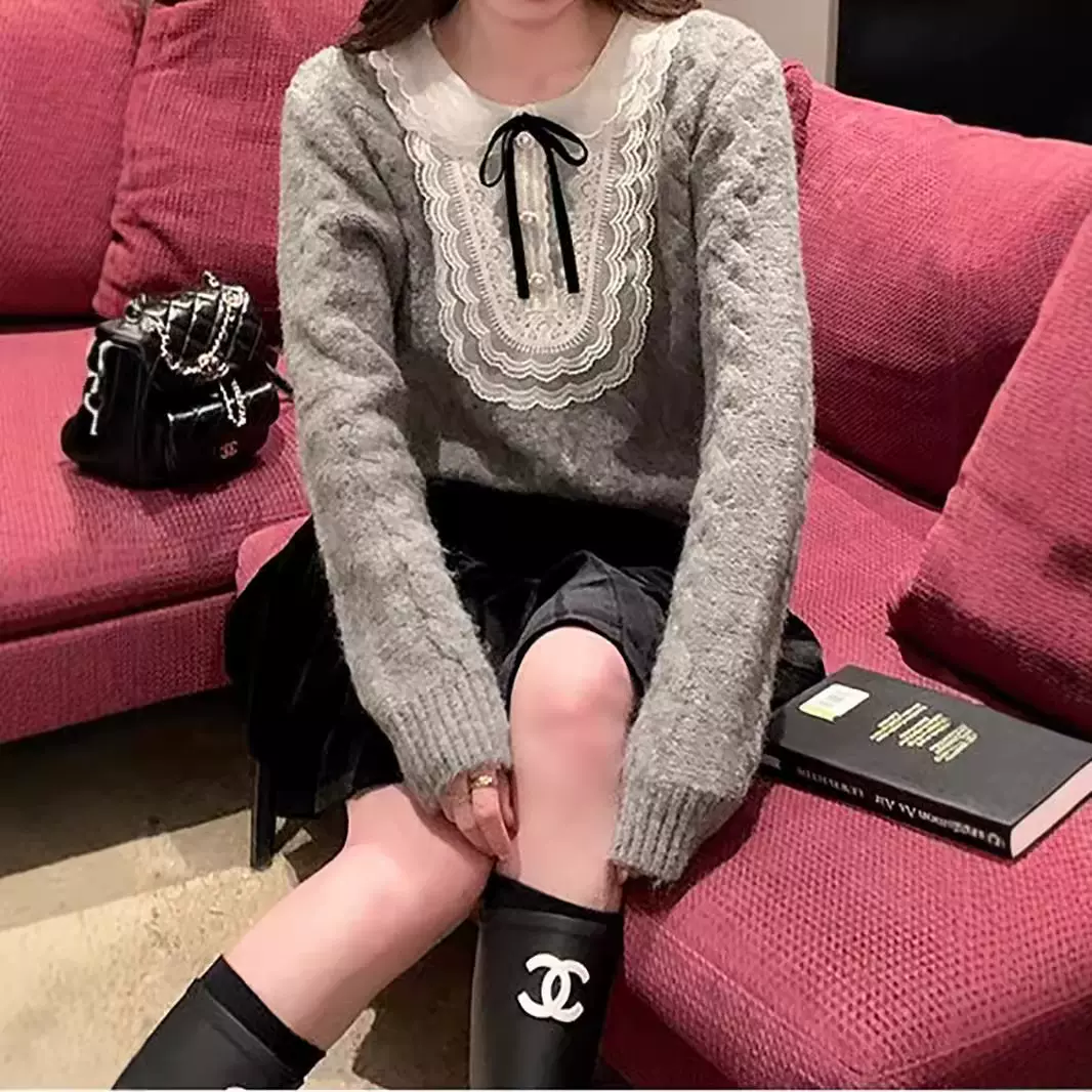 秋冬新款 复古甜美风蝴蝶结套头麻花毛衣女装 蕾丝系带宽松针织衫