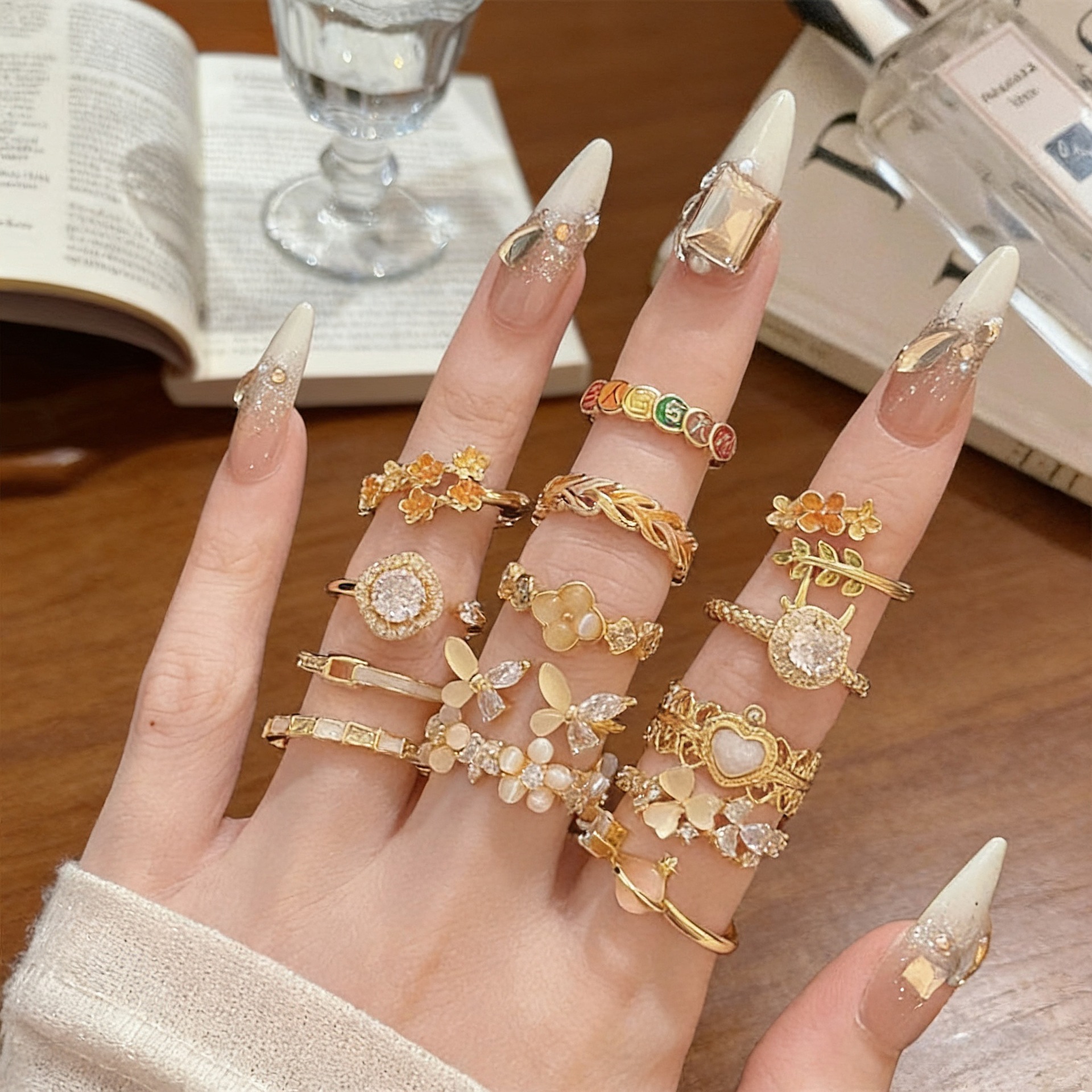 "Book Edge Holds Brilliance" - Sophisticated Warm Gold Flower Foil Jade Open Ring for Women, Unique and Elegant, Stackable Ring
