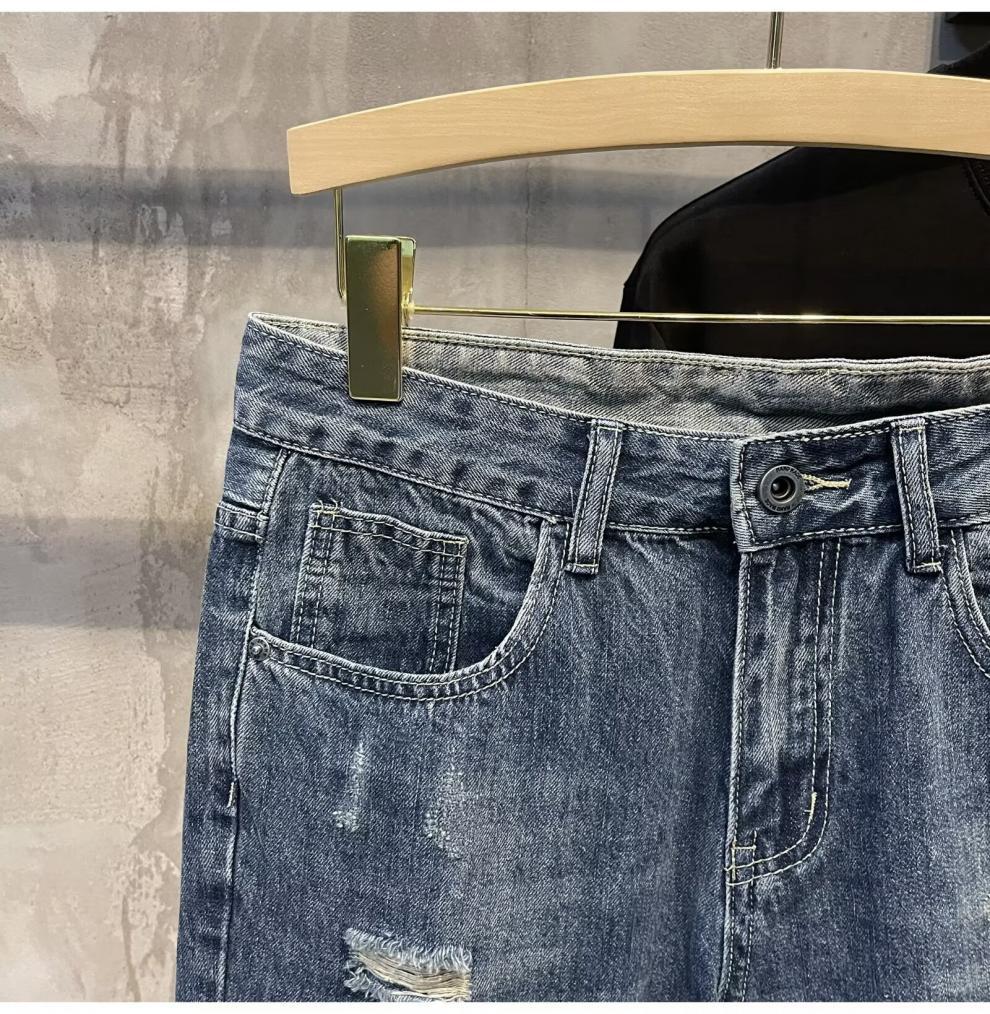 Men's Ripped Denim Shorts Casual Loose Fit Washed Perforated Straight Leg Mid Waist Trendy Summer Style Cotton Five Point Pants_mkmklike.com