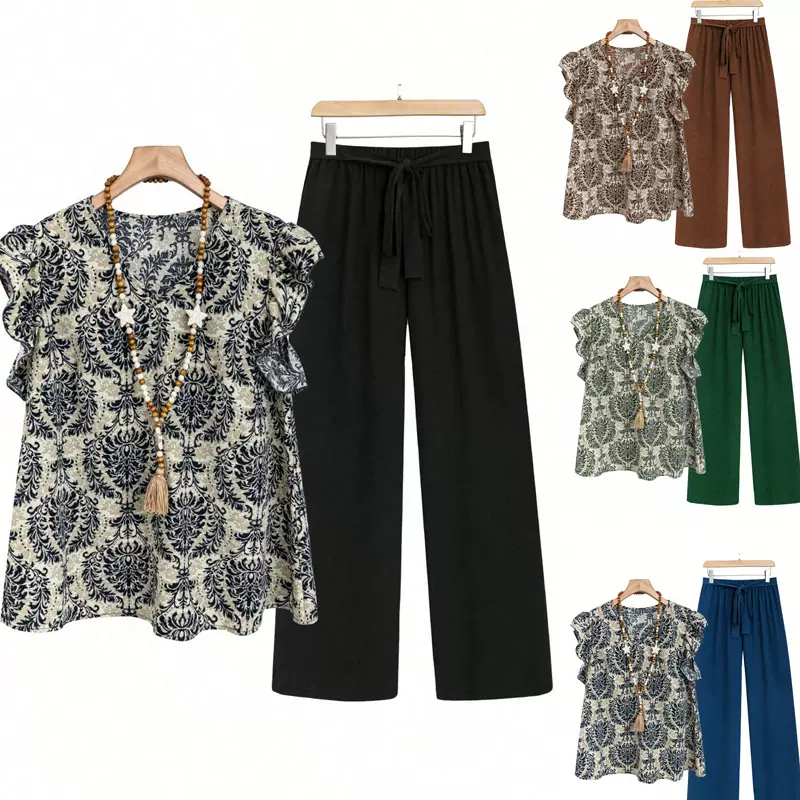 2025欧美跨境外贸宽松荷叶袖印花T恤纯色腰带纯色长裤套装女