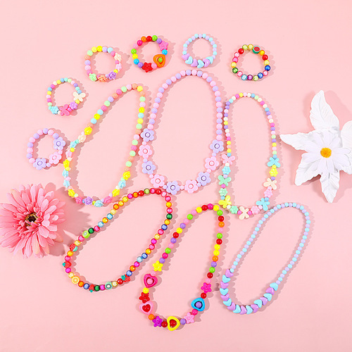 Children's Beaded Flower Bracelet, Colorful Acrylic Flower Necklace, Girl's Children Jewelry Set