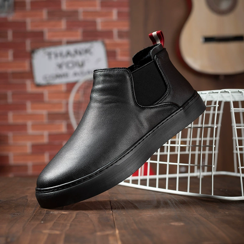 Весенне-осенняя модная повседневная кожаная обувь без шнуровки с высоким берцем на флисовой подкладкой, Мужская простая теплая хлопковая обувь в Корейском стиле, модная
