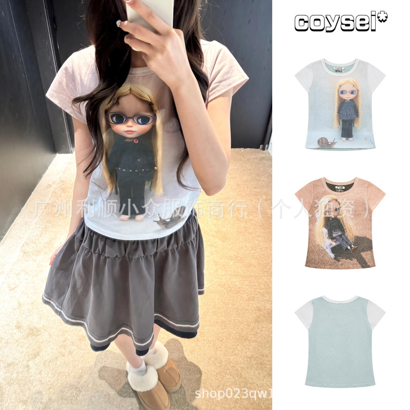 [in Stock] Korean Coysei* X Xiaobu Collaboration Style Short-Sleeve Cartoon Print Slim-Fit T-Shirt for Girls