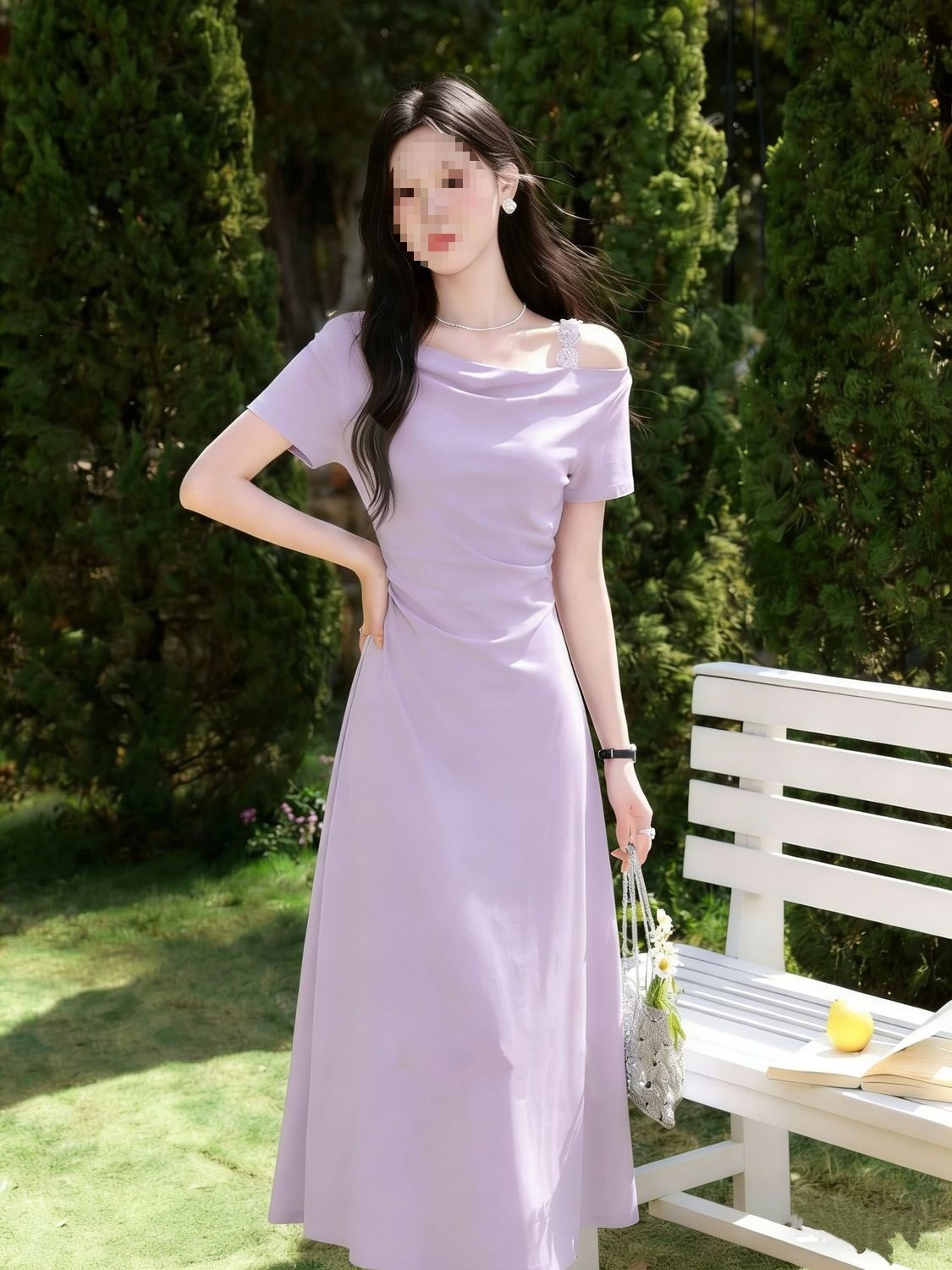 Váy đầm maxi nữ thắt eo thiết kế một chữ vai kiểu Pháp thuần màu — xanh lam, màu tím chi tiết 13
