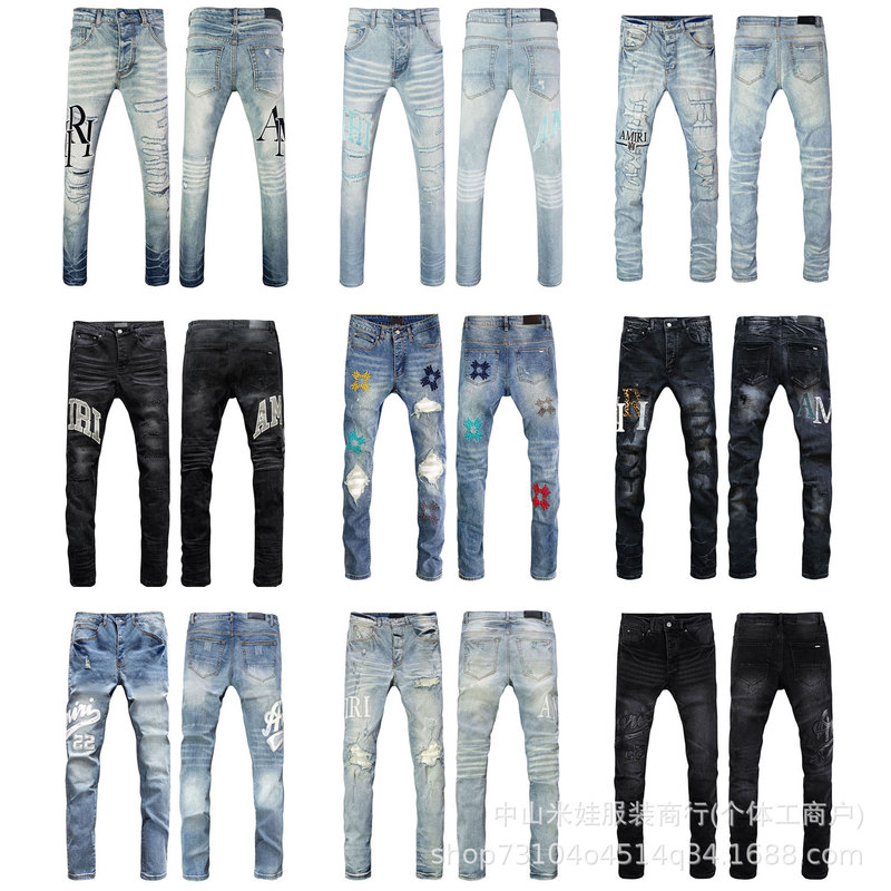 Jeans High Street Youth Ripped Casual Versatile Embroidered Stretch Straight Am Slim Fit Factory Direct Sale
