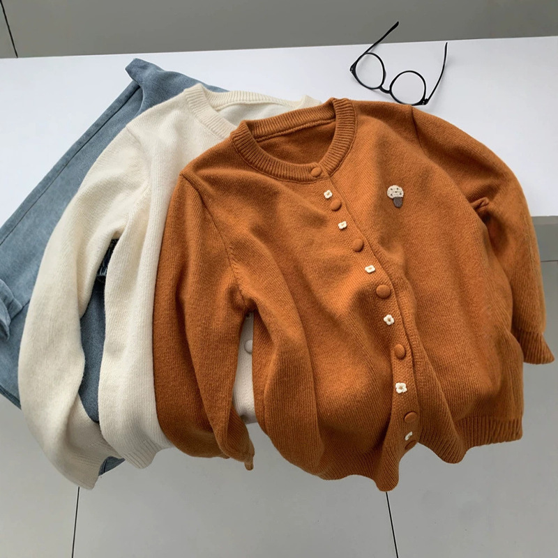 Korean-Style Mushroom Round-Neck Orange Knitted Embroidered Loose Slimming Autumn and Winter 2026 New Long-Sleeve Cardigan Sweater