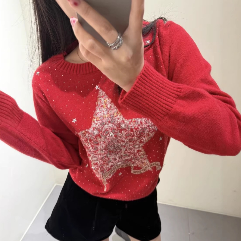 D Brand 25 New Model Rhinestone Christmas Star Pentagram Embroidery Solid Color Simple Round Neck Knitted Pullover Sweater for Women D Brand 25 New Model Rhinestone Christmas Star Pentagram Embroidery Solid Color Simple Round Neck Knitted Pullover Sweater for Women