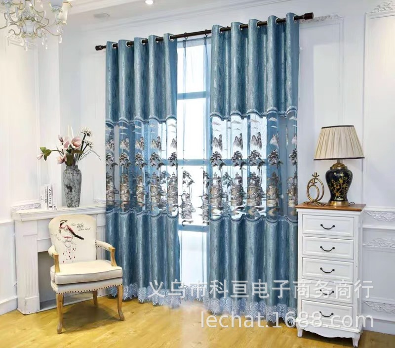 新款高檔新中式人間山水镂空繡花窗簾雪尼爾中國風古典大氣客廳