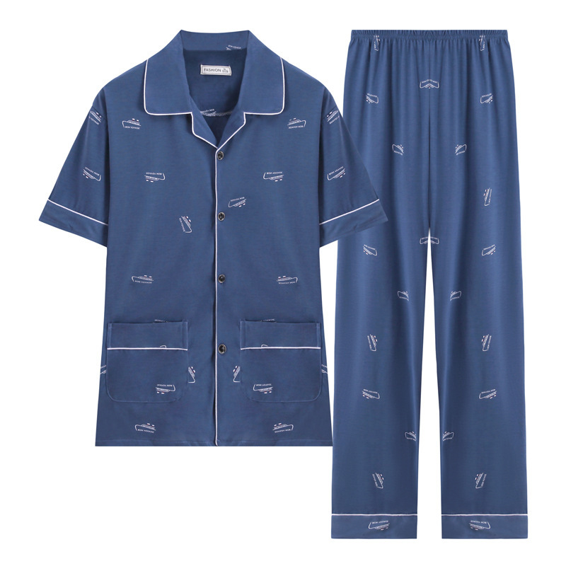 100% pijamas de algodón de manga larga de los hombres sueltos más tamaño aguja pequeño collar inverso joven y de mediana edad de primavera y otoño ropa de casa manga corta tejida
