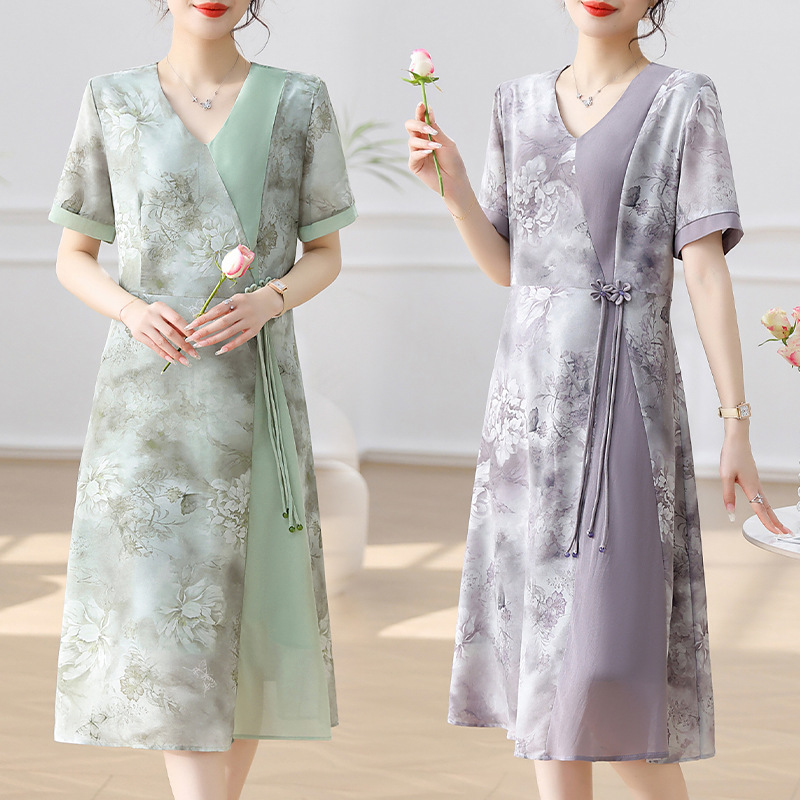 2025 New Chinese Style Summer Style Chiffon Dress Fashion Slim Mid-Length Mom Style Dress for Women